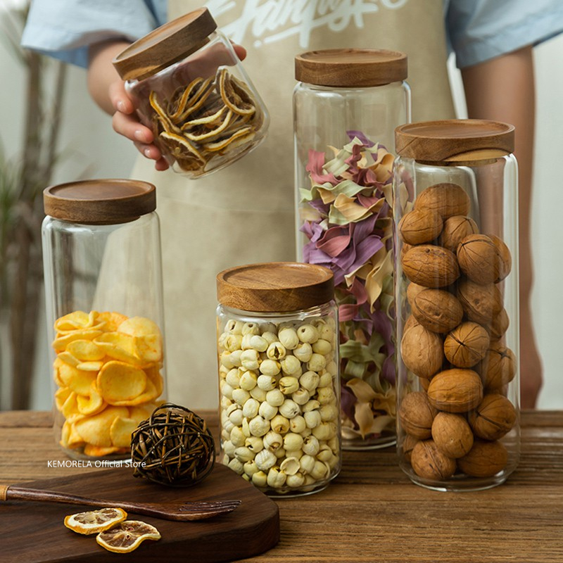 Food Storage Jars With Wooden Lids - 나무 뚜껑 유리 밀폐 용기 주방