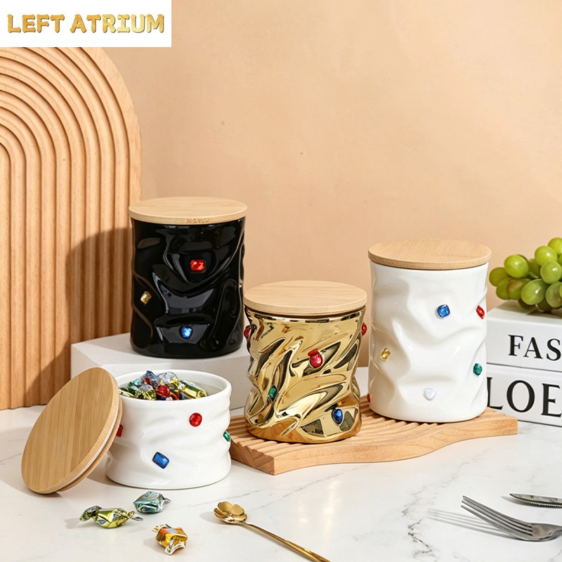 Food Storage Jars With Wooden Lids - 나무 뚜껑이 있는 보석 세라믹 병