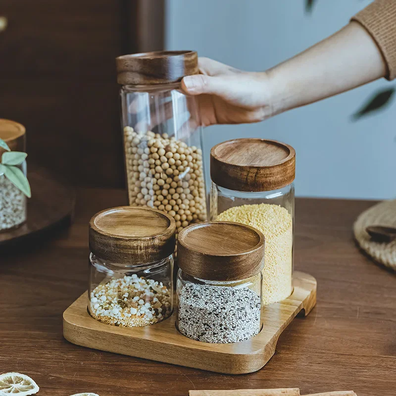 Food Storage Jars With Wooden Lids - 목재 뚜껑 오거나이저 유리 밀폐 용기,