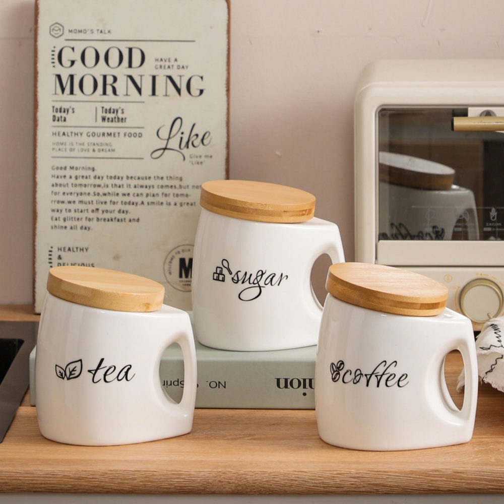 Food Storage Jars With Wooden Lids - 대나무 뚜껑과 손잡이가 있는 세라믹 저장