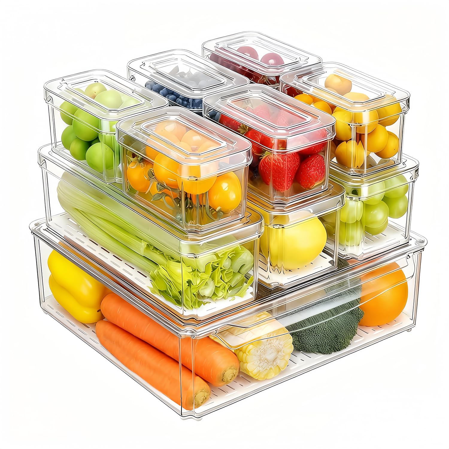 Food Storage Eco Friendly - 14개입 냉장고 정리함, 뚜껑이 있는 쌓을