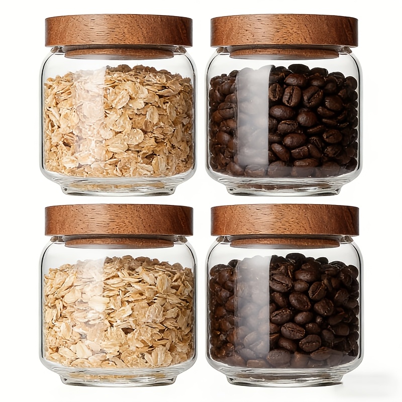 Food Storage Jars With Wooden Lids - 4개들이 15온스 투명 유리병 세트, 밀폐형