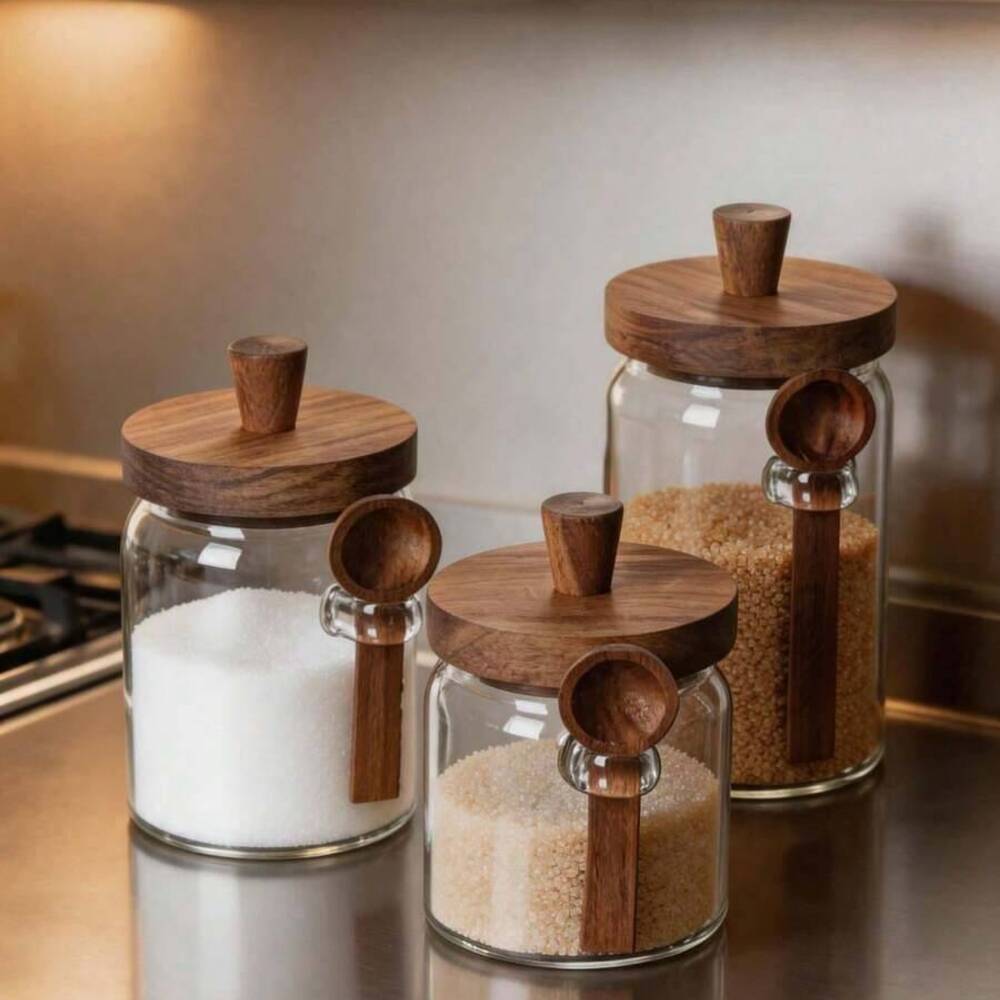 3개 세트 투명 유리병 나무 뚜껑 및 어울리는 스푼 포 - Food Storage Jars With Wooden Lids 리뷰 및 가격