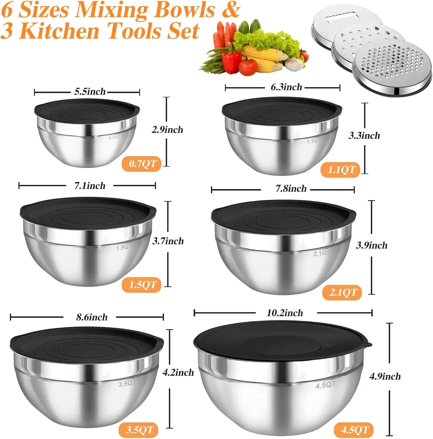 6개 스테인리스 스틸 믹싱 볼 세트 (밀폐 뚜껑 포함) - Food Storage Eco Friendly 리뷰 및 가격